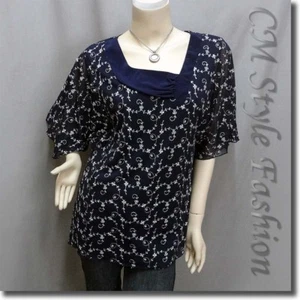 CM Style Floral Embroidered Flowy Chiffon Boho Top Blue L  - Picture 1 of 5