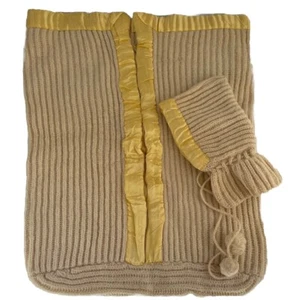 Vintage Hand Knit Thick Baby Bunting Bag And Hat 60s Yellow Satin Trim Handmade - Picture 1 of 14