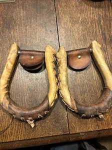 Antique Rawhide Wrapped Leather Laced Western Saddle Bell Stirrups Very Nice - Picture 1 of 7