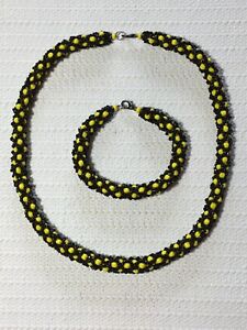 Handmade Black and Yellow Tubular Netted Necklace Bracelet Set