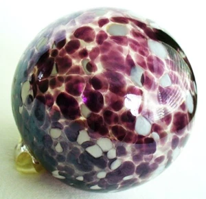 SPOTTED~Iridescent~HAND BLOWN~Glass~4"~BALL~Ornament~PLUM~Purple~WHITE~Magenta - Picture 1 of 8