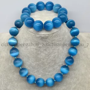 Huge 20mm Blue Opal Cat's Eye Round Gems Beads Necklace 18'' Bracelet 8-8.5'' - Picture 1 of 16