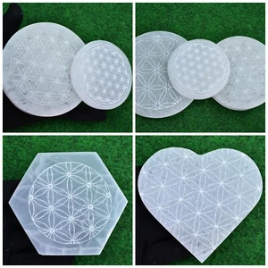Selenite Crystal Flower of Life Engraved Disk Plate Coaster Charging Cleansing - Picture 1 of 5