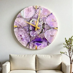Reloj de Pared 18" Ágata Púrpura Redondo Piedras Preciosas Lujo Hecho a Mano Adorno para Dormitorio - Imagen 1 de 6