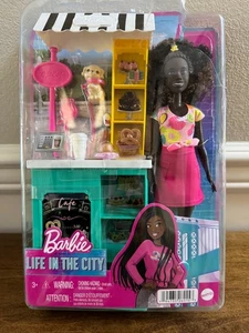 MATTEL BARBIE LIFE IN THE CITY AFRICAN AMERICAN CAFE PLAYSET WITH PUPPY NEW - Picture 1 of 8