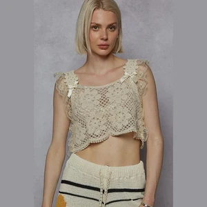 Pol Damen Square Neck Spitze Häkel Cropped Top One Size Elfenbein Bohemian Hippie - Bild 1 von 7