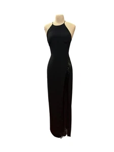 Vintage Niteline Elegant Black Sleeveless Evening Gown With Beaded Side Fringe S - Picture 1 of 13