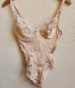 Vintage 80er Jahre Shapewear Dessous Teddy Body X-Small Größe 36 B beige Satin Spitze USA - Bild 1 von 11