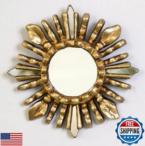 Decorative Small Round Wall Mirror 6in- Peruvian Accent Wood Gold Leaf sunbur - Picture 1 of 1