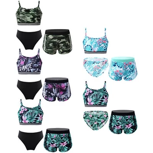 Girls Floral Printed Swimsuits Sports Tankini Bathing Suit Athletic Set Swimwear - Picture 1 of 61