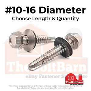#10 Stainless Hex Rubber Sealing Washer Self Drilling Screws (Pick Length & Qty) - Picture 1 of 3