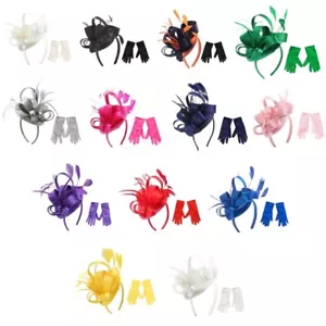 Womens Fascinator Hat Feathers Headband + Satins Gloves Wedding Bridal Headwear - Picture 1 of 21