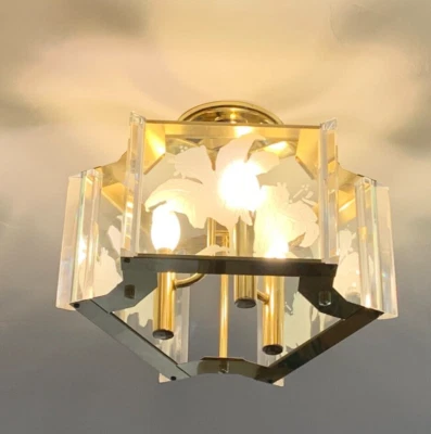 Firmado 1985 F Ramond latón grabado vidrio flores accesorio de iluminación artista de colección Foto 1 de 4