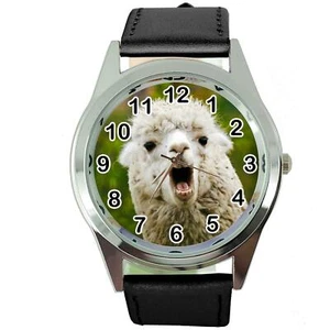 LAMA ALPACA NO DRAMA Steel BLACK LEATHER QUARTZ ANALOG WATCH UHR RELOJ - Picture 1 of 3