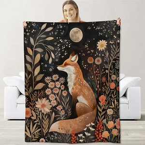 Fox Blanket for Boys Girls Kids, Flannel Fox Blankets Gifts, Floral Moon Fox Thr - Picture 1 of 7