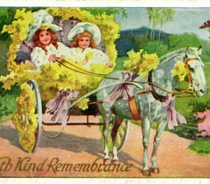 Vtg Postcard Children Horse Drawn Yellow Flower Cart Carriage Kind Rememberance - Picture 1 of 3