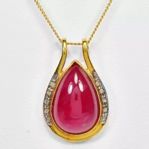 925 STERLING SILVER PENDANT GENUINE PINK RED RUBY PEAR CABOCHON GEMSTONE - Picture 1 of 12