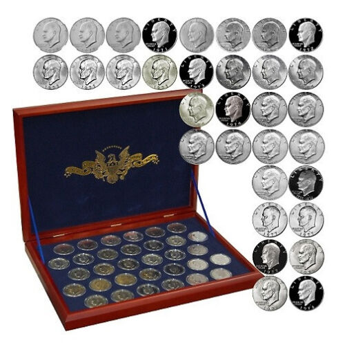 1971-78 32 Coin Full Eisenhower Dollar Unc/Proof Set In Wood Collectors Box Pds