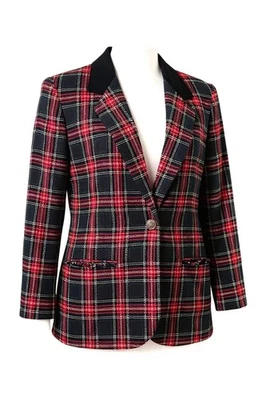 Vintage Sag Harbor Red Plaid Wool Blend Blazer Jacket 12P with Velvet Collar - Image 1 of 4