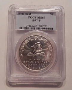 PCGS Graded MS69 1997-P Botanical Gardens Commemorative $1 Silver Dollar - Picture 1 of 2