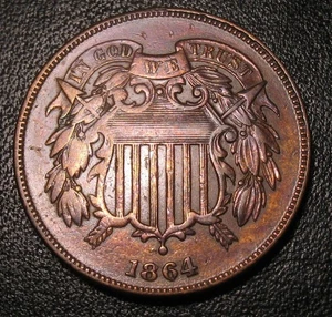 OLD US COINS 1864 OBSOLETE HIGHGRADE CIVIL WAR TWO CENT COIN TONED - Picture 1 of 2