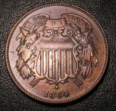 OLD US COINS 1864 OBSOLETE HIGHGRADE CIVIL WAR TWO CENT COIN TONED - Image 1 of 2