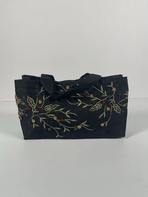 Moyna 黑色丝绸串珠花卉刺绣手提包钱包晚装包 — 第 1/4 张图片