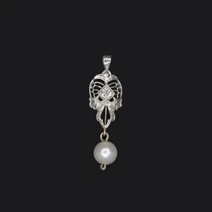 VINTAGE PEARL OLD EUROPEAN CUT DIAMOND PENDANT 14k WHITE GOLD FILIGREE ART DECO - Picture 1 of 1