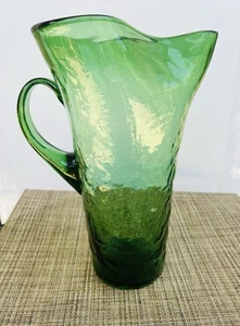 VTG Lovely Crinkle Pinched Textured Green Art Glass Water Pitcher 12” Tall - Picture 1 of 8