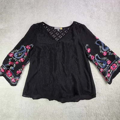 Blusa túnica semi transparente flor Figueroa talla M negra bordada boho artística Foto 1 de 4