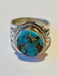 Vintage Signed Navajo Silver Gem Grade Natural No. 8 Turquoise Cabochon Ring - Picture 1 of 13