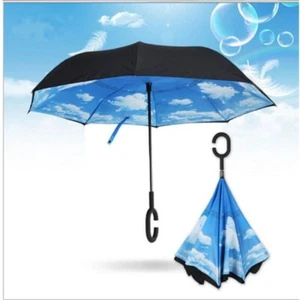 Umkehrschirm Wendeschutz Winddicht C-Stiel Schwarz Blau Wolken - Bild 1 von 3