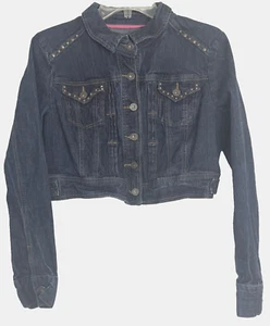 Candies Studded Denim Crop Blue Jacket Jrs XL Dark Wash Long Sleeve Button Girls - Picture 1 of 4