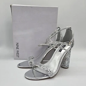 Nine West Womens Celebra Silver Sequined Heel 8.5 Metallic Silver Ankle Strap - Picture 1 of 16