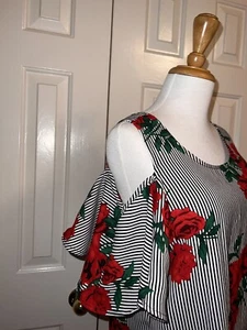 Hint of Blush, red ROSES ON PINSTRIPES, COLD SHOULDERS ~ black white stripes ~ L - Picture 1 of 6