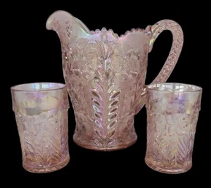 Imperial Glass Tiger Lily Pink Carnival 48 oz Pitcher + (2) 9 oz Flat Tumblers - Picture 1 of 10