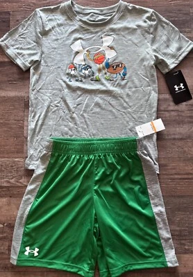 NWT Under Armour Little Boys 7 Gray/Green/White SPORTS Balls Shorts Set - Image 1 of 3