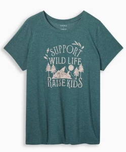 TORRID Plus Size 2X Classic Fit Green "SUPPORT WILD LIFE RAISE KIDS" T-shirt - Picture 1 of 3