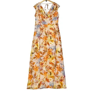 Guess Maxikleid orange Blumen Gilda Plissee V-Ausschnitt Flügelärmel 158 $ Größe XL NEU! - Bild 1 von 12