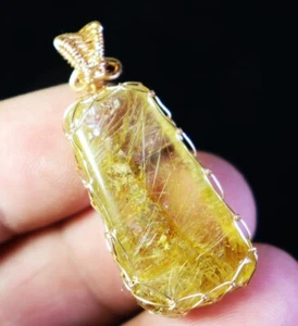 Natural Clear Golden Sun Rutilated Titanium Quartz Crystal Stone Pendant Healing - Picture 1 of 17