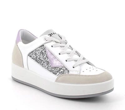 Sneakers Igi&co 7655144 pelle bianca e argento zeppa 3,5 cm Made in Italy SCONTO - Immagine 1 di 3