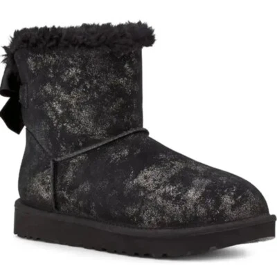 New UGG Mini Bailey Bow Glimmer Faux Fur Lined Boot Black Size 11 - Image 1 of 4