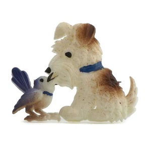 Vintage hand painted terrier dog kissing bird celluloid pin brooch blue collar - Picture 1 of 2