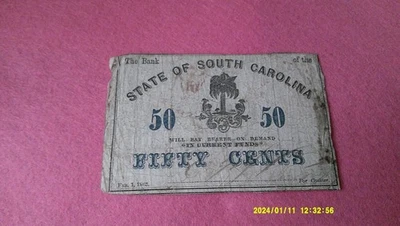 FEB 1, 1863, FIFTY CENTS FRACTIONAL CURRENCY SOUTH CAROLINA - Image 1 of 4