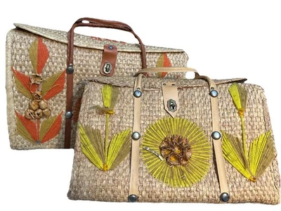 2 bolsas de playa de rafia de paja de México tejidas a mano de colección años 70 naranja 20"/amarillo 17" con Foto 1 de 4