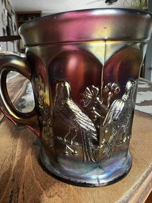 Antique Northwood Glass Singing Birds Amethyst Carnival Glass Mug - Image 1 of 4