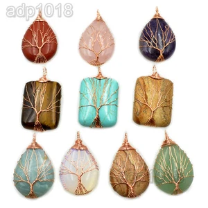 Rose Gold Wire Wrap Natural Gemstone Tree Of Life Chakra Pendant - Bild 1 von 28
