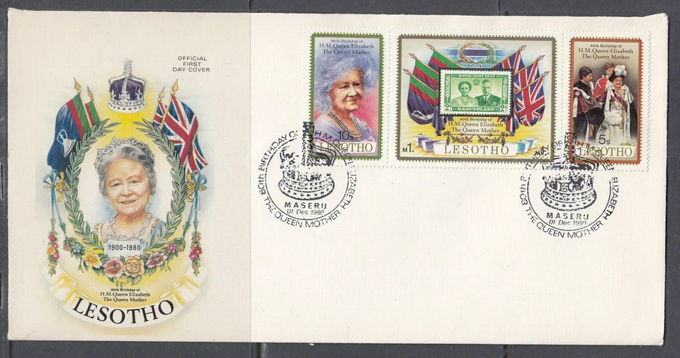Lesotho Scott 313a-c FDC - Queen Mother, 80th Birthday - Изображение 1 из 1