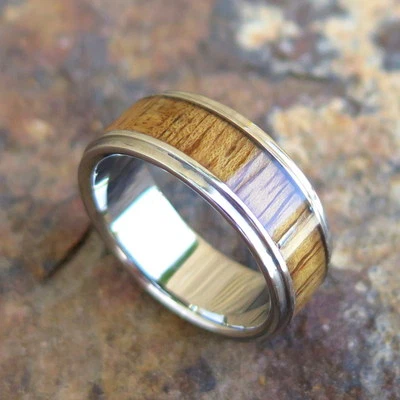 Genuine Hawaiian Light Koa Wood Inlay Titanium Wedding Ring Band 8mm TWR1005 - Image 1 of 4