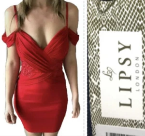 Lipsy Red Bodycon Dress 10 Lace Party Wedding Occasion Evening Cold Shoulder - Picture 1 of 24
